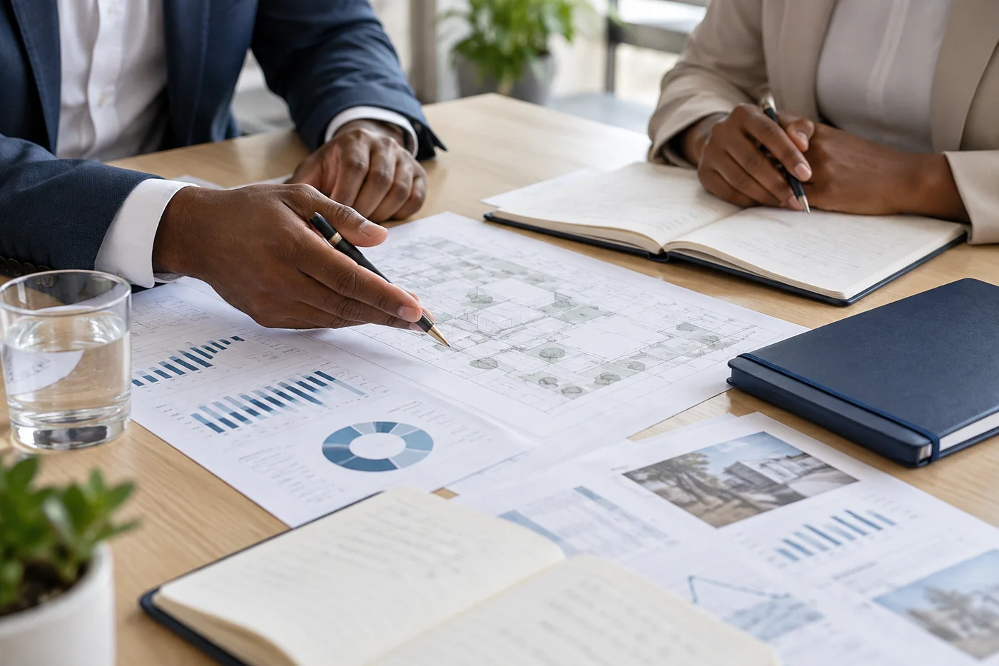 Conceptual image of business professionals reviewing financial documents and project plans